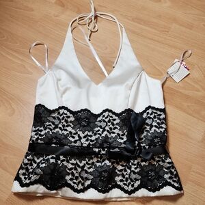 NWT XSCAPE Joanna Chen Satin Lace Halter Corset Top Off White Black Size 10